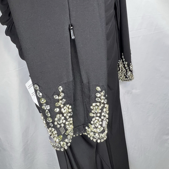 Mac Duggal Black Foldover Long Sleeve Jeweled Midi Dress One-Shoulder Long 10 - Picture 11 of 16